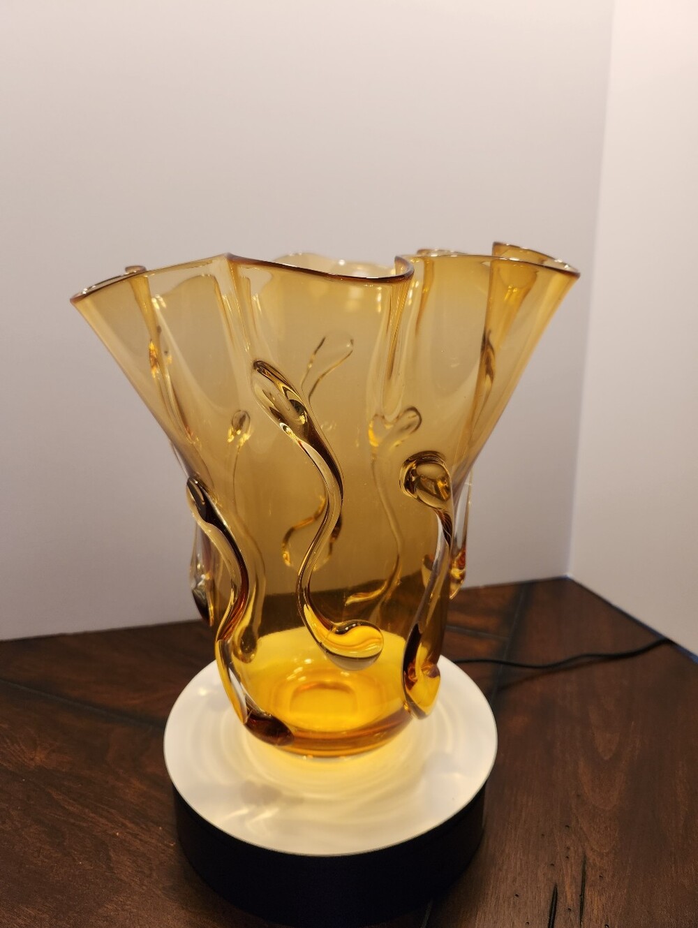Vintage Mid Century Murano Amber Art Glass Ruffled Vase Applied Trail Heavy